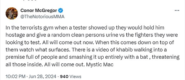 McGregor outlandishly alleged that members of Nurmagomedov's team had 'held hostage' doping testers who visited his gym