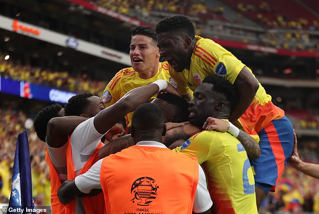 Colombian players rejoiced after extending their team's lead to 3-0 against Costa Rica, Friday