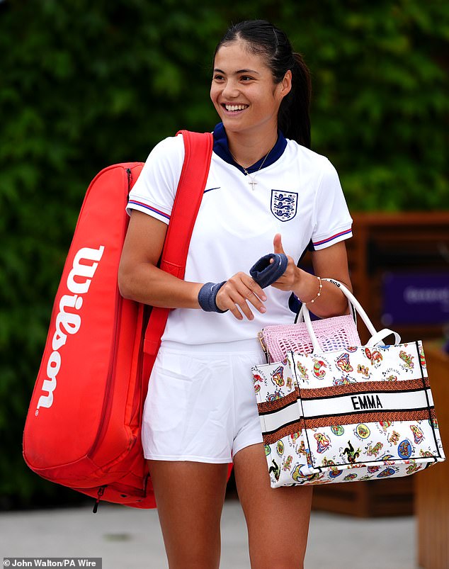 Emma Raducanu wore an England kit and clutched a £2,400 Christian Dior bag to practice ahead of Wimbledon