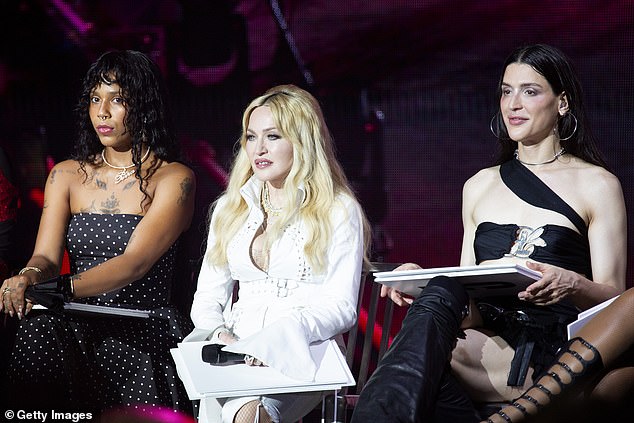 Madonna (centre) was joined by fellow judges Tokischa (L) and Arca (R)