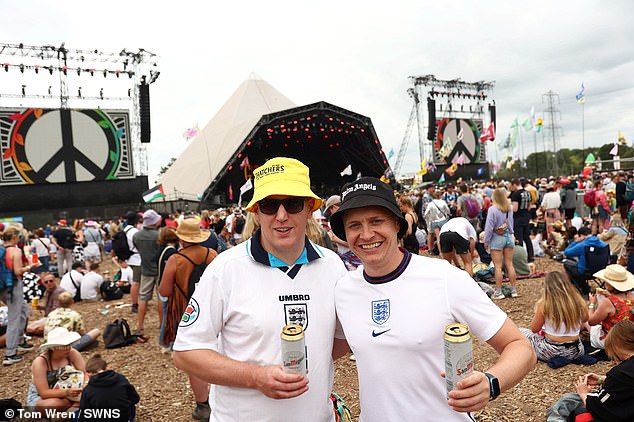 England fans pictured at the Glastonbury Festival ahead of today's game