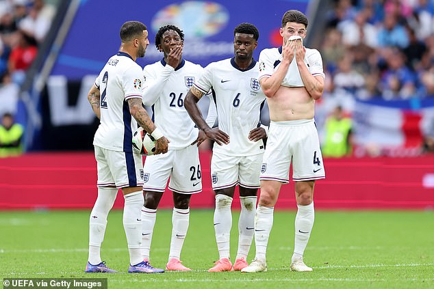 Kyle Walker, Kobbie Mainoo, Marc Guehi and Declan Rice looked dejected at half-time