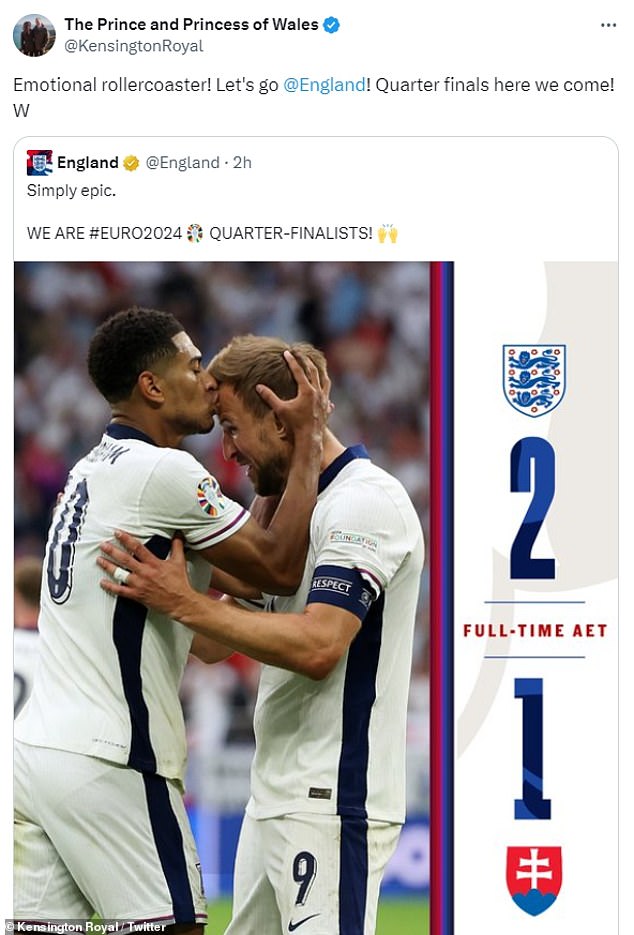 The Prince of Wales sent his congratulations to Gareth Southgate's men after the Three Lions sealed their place in the quarter finals of the Euros with a dramatic 2-1 win after extra time against the minnows