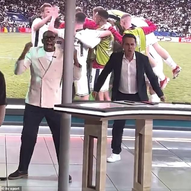 In the ITV studios, Ian Wright (left) and Gary Neville (right) roared with delight after the dramatic strike