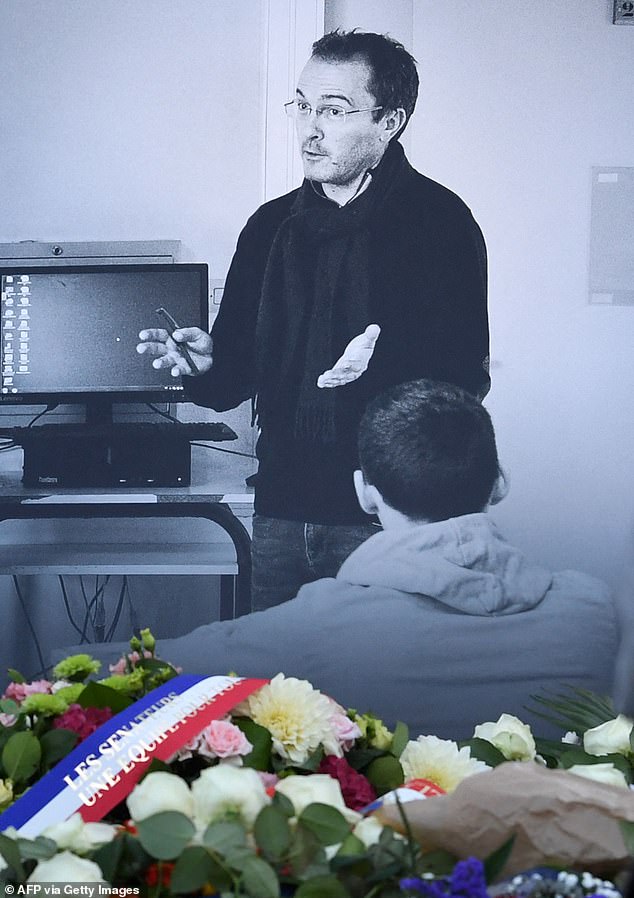 A photograph of history and geography teacher Samuel Paty as seen at his tribute ceremony in Eragny-sur-Oise, northwestern Paris