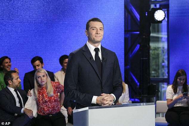 French National Rally party President Jordan Bardella poses prior to a debate broadcasted on French TV channel TF1