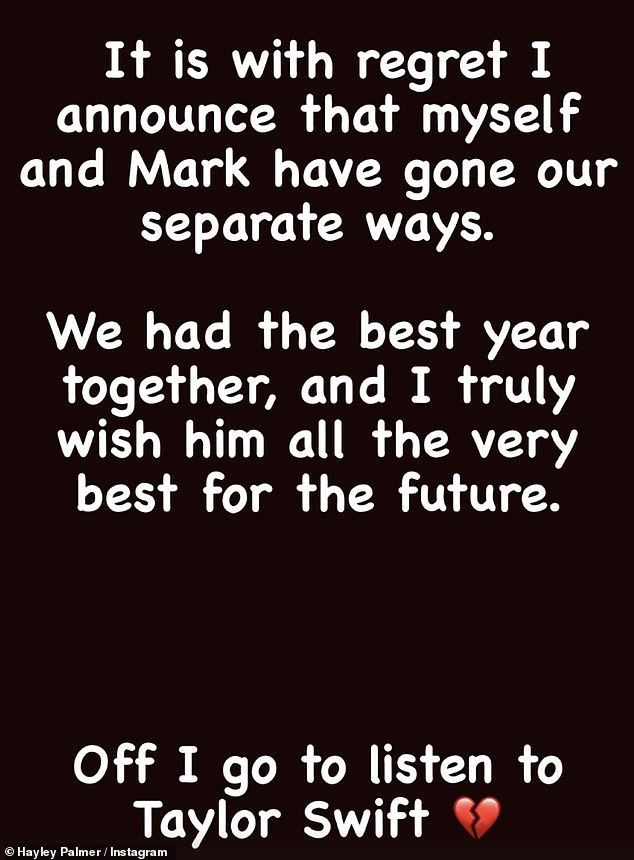 Confirming news of their break-up on her Instagram story, Hayley wrote: 'It is with regret I announce that myself and Mark have gone our separate ways'