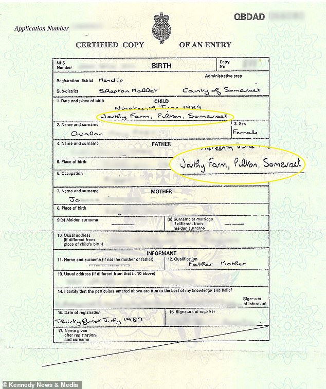 Avalon's birth certificate which shows she was born on the grounds of Glastonbury