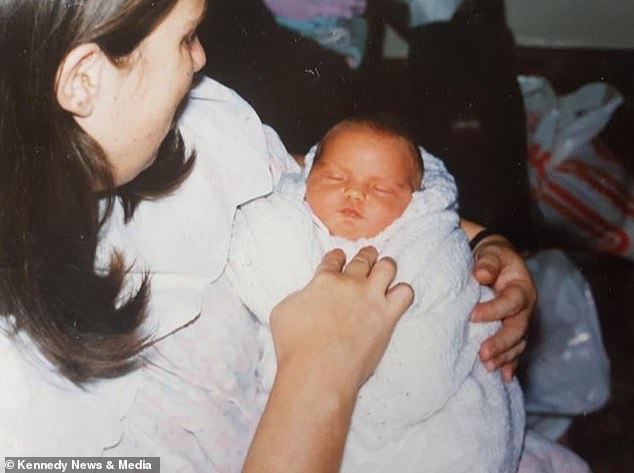 Jo Smith is pictured with her newborn baby Avalon, after giving birth at Glastonbury in 1989