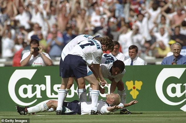 Gazza is pictured doing the dentist's chair celebration after his wonder strike against Scotland in 1996