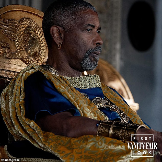 Denzel Washington, 69, was also pictured for the first time as Macrinus, dripping in gold he plays an arms dealer who lives lavishly and keeps gladiators for sport