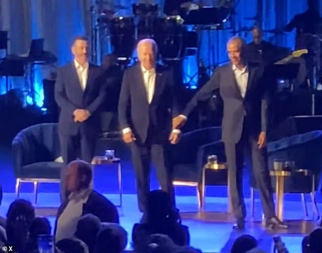 Legendary journalist Carl Bernstein revealed Biden White House insiders have told him the president's visibly ailing health at the first debate Thursday has been seen on numerous occasions in the past 18 months. Pictured: Biden freezes on stage at a recent fundraiser with Barack Obama