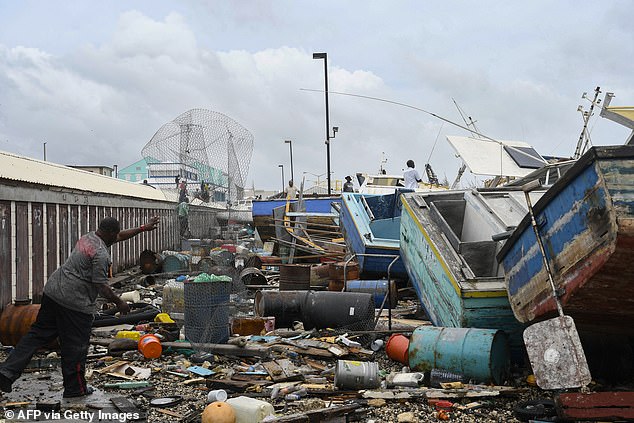 Damaged fishing boats pile up against each other after Hurricane Beryl at the Bridgetown Fish Market, Bridgetown, Barbados on July 1, 2024