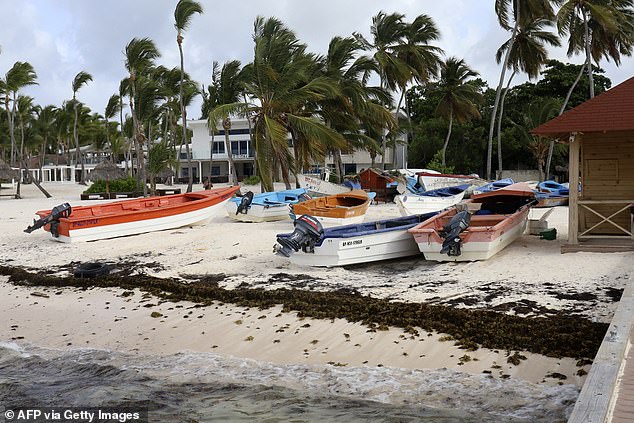 Boats remain on the shore of Cabeza de Toro beach in Punta Cana, Dominican Republic, on July 1, 2024, before Hurricane Beryl hit the Caribbean