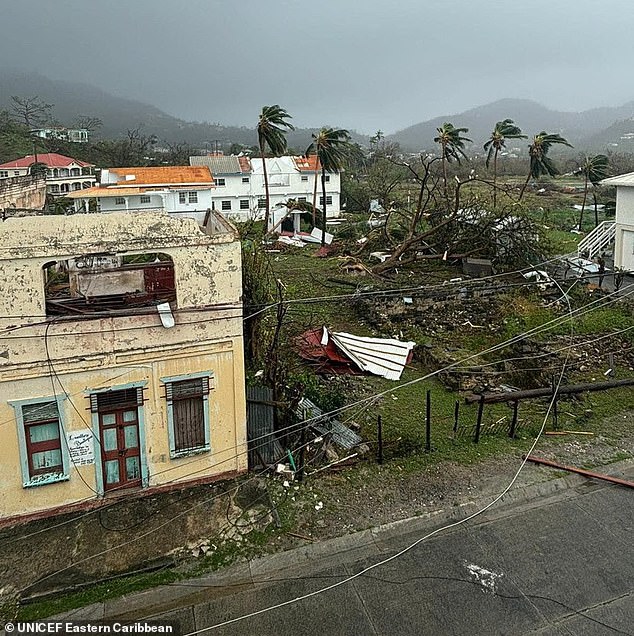 Beryl made landfall on Carriacou on Monday as the earliest Category 4 storm in the Atlantic. Pictured is a view of Carriacou, Grenada after the hurricane ripped through