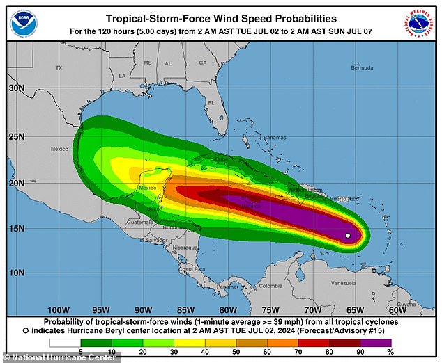 This graphic shows the forecasted wind speeds of Hurricane Beryl