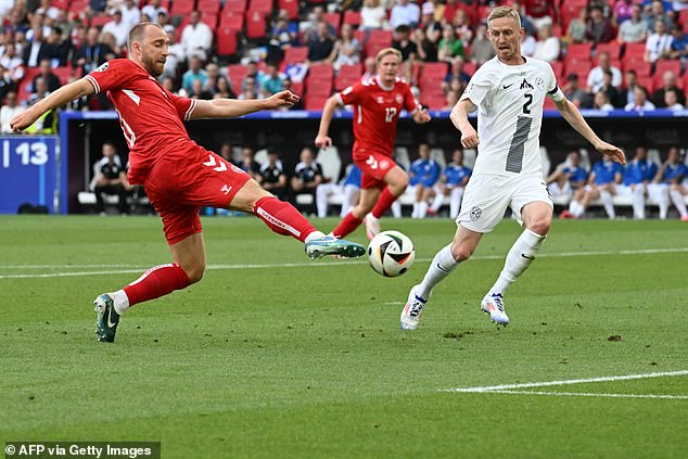 Eriksen (left) scored a goal in Denmark's 1-1 draw with Slovenia during the group stage