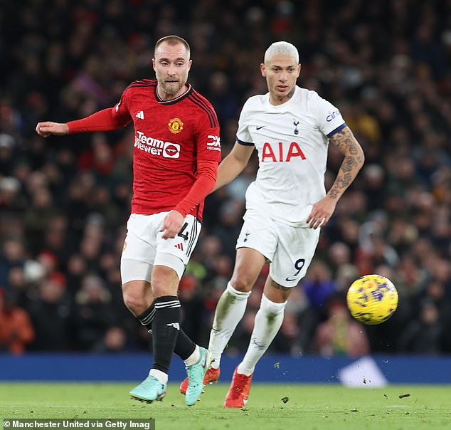 Eriksen, pictured playing against Tottenham in January, is under contract until June 2025