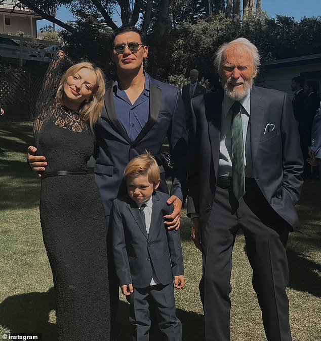 The Gran Torino star posed with his second youngest daughter Francesca, alongside her boyfriend Alexander Wraith and their five-year-old son Titan at the wedding