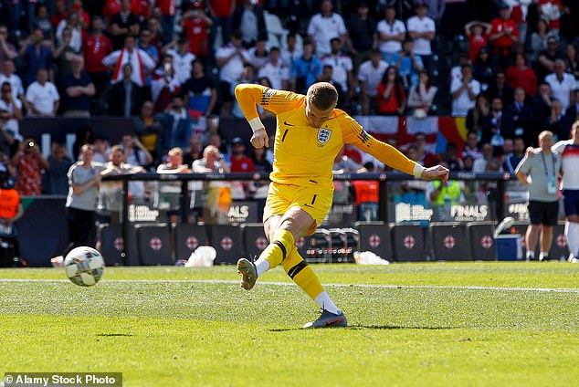 The England No 1 confidently dispatched an effort against the Swiss in 2019 Nations League