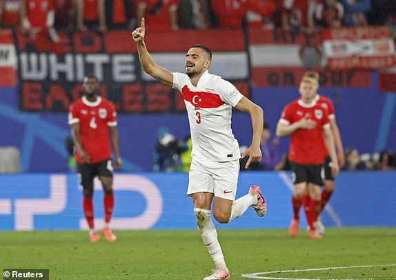 Soccer Football - Euro 2024 - Round of 16 - Austria v Turkey - Leipzig Stadium, Leipzig, Germany - July 2, 2024 Turkey's Merih Demiral celebrates scoring their second goal REUTERS/Heiko Becker