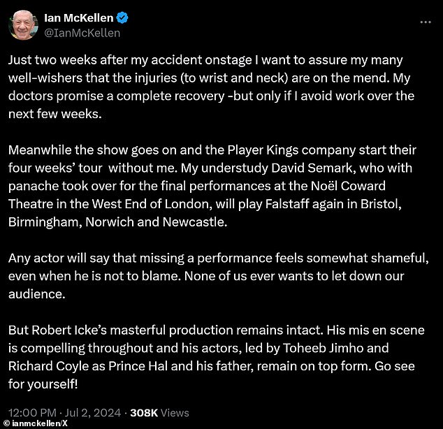 'Just two weeks after my accident onstage I want to assure my many well-wishers that the injuries (to wrist and neck) are on the mend,' he wrote