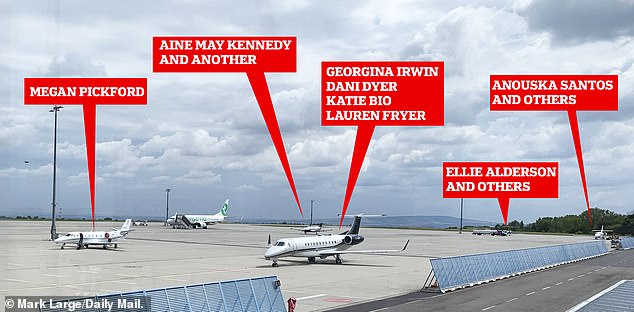 The WAGs arrived on six private jets (all pictured at Erfurt-Weimar Airport yesterday morning)