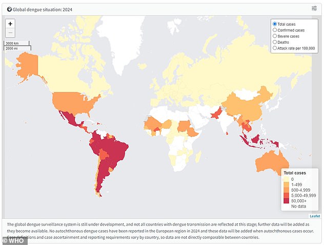 The above shows approximate cases of dengue fever in countries around the world