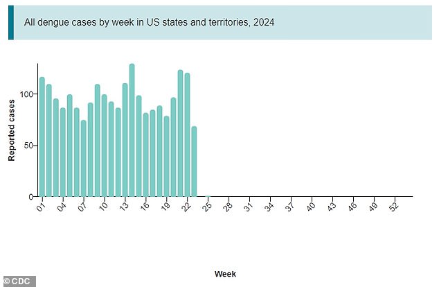 The above shows the weekly number of dengue fever cases in the US