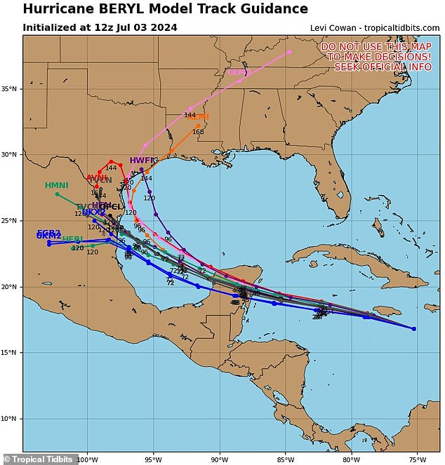 Hurricane Beryl is predicted to rip through six US states, according to one terrifying model shown here on the pink line. Each of the different colored strands are spaghetti models which represent a possible path for the storm depending on various meteorological factors