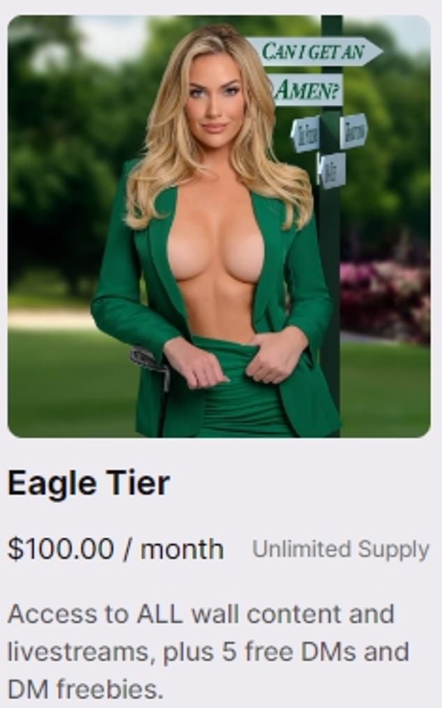 The golf glamour girl's subscription options include the 'Eagle Tier' for $100 a month