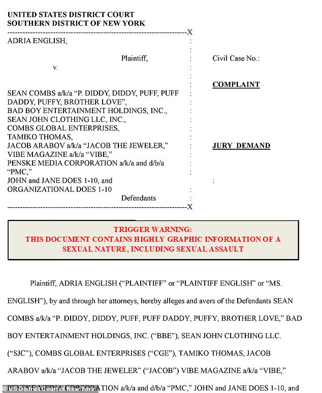 Jacob and a woman called Tamiko Thomas - who is accused of facilitating the sex trafficking operation and Diddy's entertainment company Bad Boy - have also been listed as defendants in the lawsuit