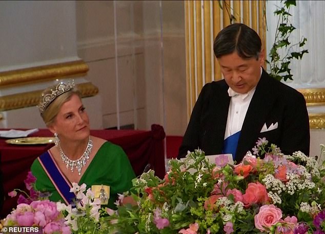 The Duchess of Edinburgh's status was highlighted recently when she was 'promoted' to the top table at the State Banquet for the Japanese royals last week. Above: Sophie sat next to Emperor Naruhito of Japan