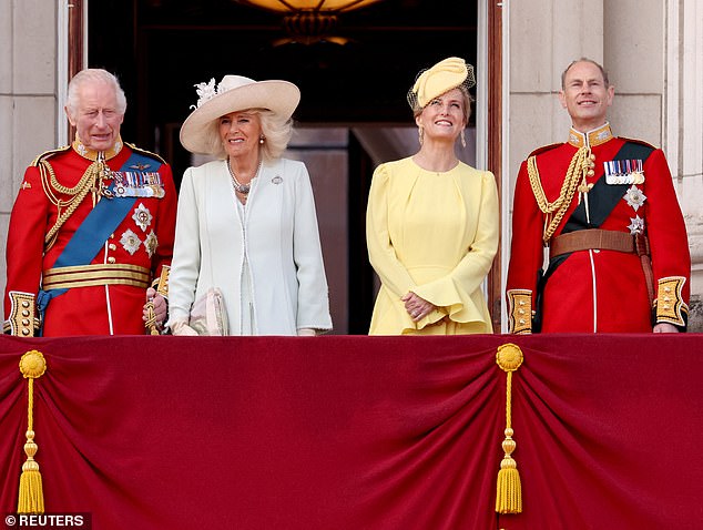 Sophie and Edward are pictured alongside King Charles and Queen Camilla for Trooping the Colour last month on the Buckingham Palace balcony