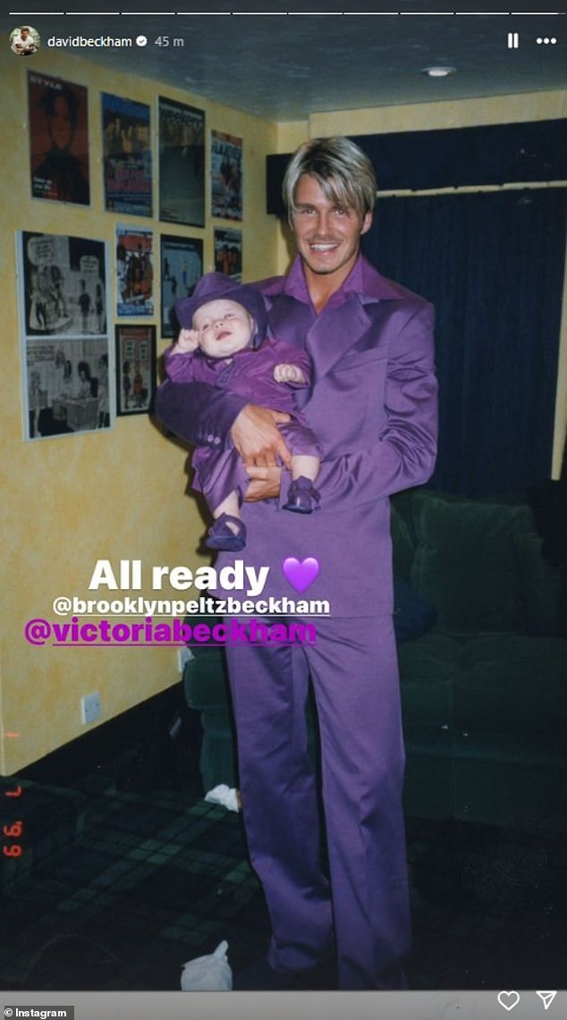 Beckham and son Brooklyn in matching purple suits on his wedding day