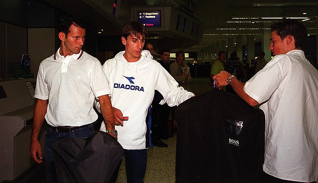 Gary's unbreakable bond with Beckham was forged while they lived together while playing for Manchester United and he was their best man at the wedding (Gary is pictured preparing to fly to Dublin for David's wedding, with teammate Ryan Giggs)