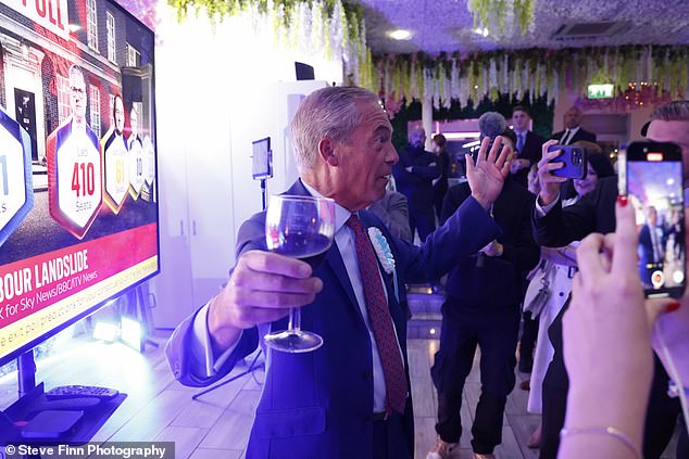 Mr Farage celebrated with a glass of win as the exit poll was revealed