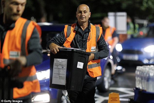 Ballot boxes arrive to be counted at Clacton leisure centre after voting ended at 10am