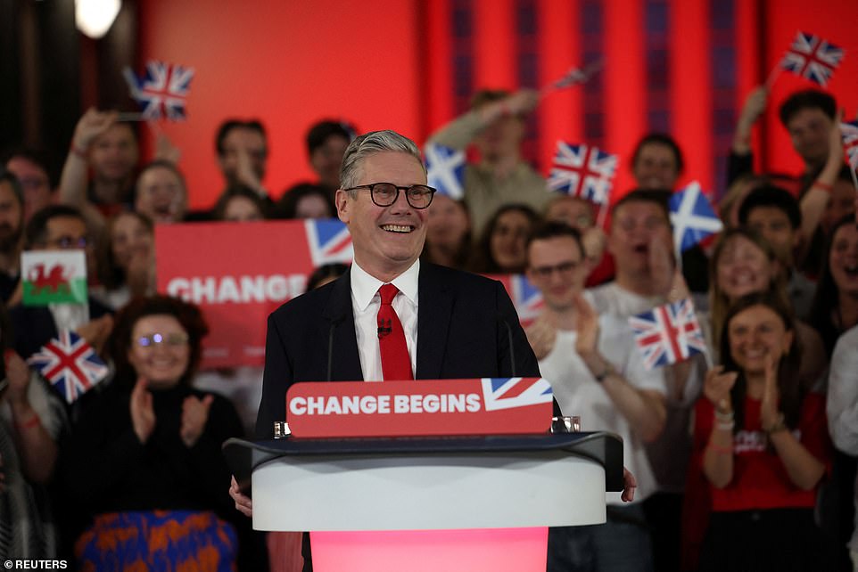 Keir Starmer trumpeted his victory at a rally in central London after the party formally crested the 325 seats needed to control the Commons