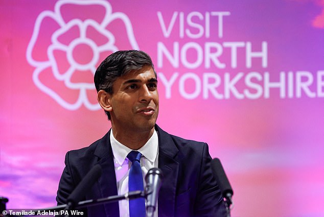 Prime Minister Rishi Sunak gives a speech in Northallerton today after holding his seat