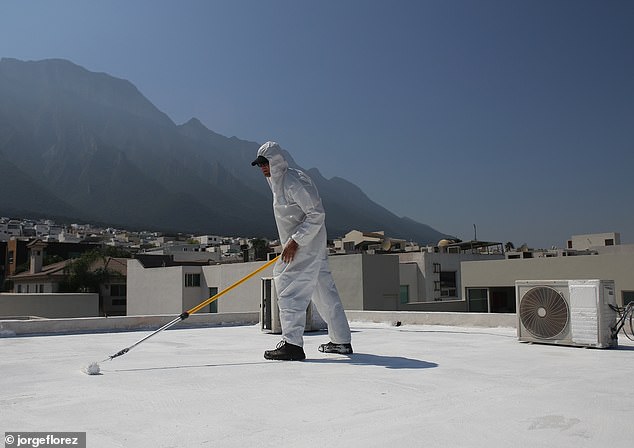 Painting roofs white or covering them with a reflective coating would be more effective at cooling all major cities, including London, the study says. Pictured, a worker applies a white coating to roofs in a hot climate