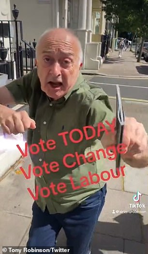 Dancing on his way to the polling station as Tony, 77, excitedly waved his hands in the air and appeared in great spirits as he coined his own tune