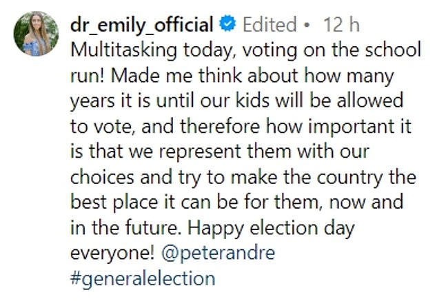 Stressing the importance of casting your vote, the doctor, 34, captioned the snap: 'Multitasking today, voting on the school run!'