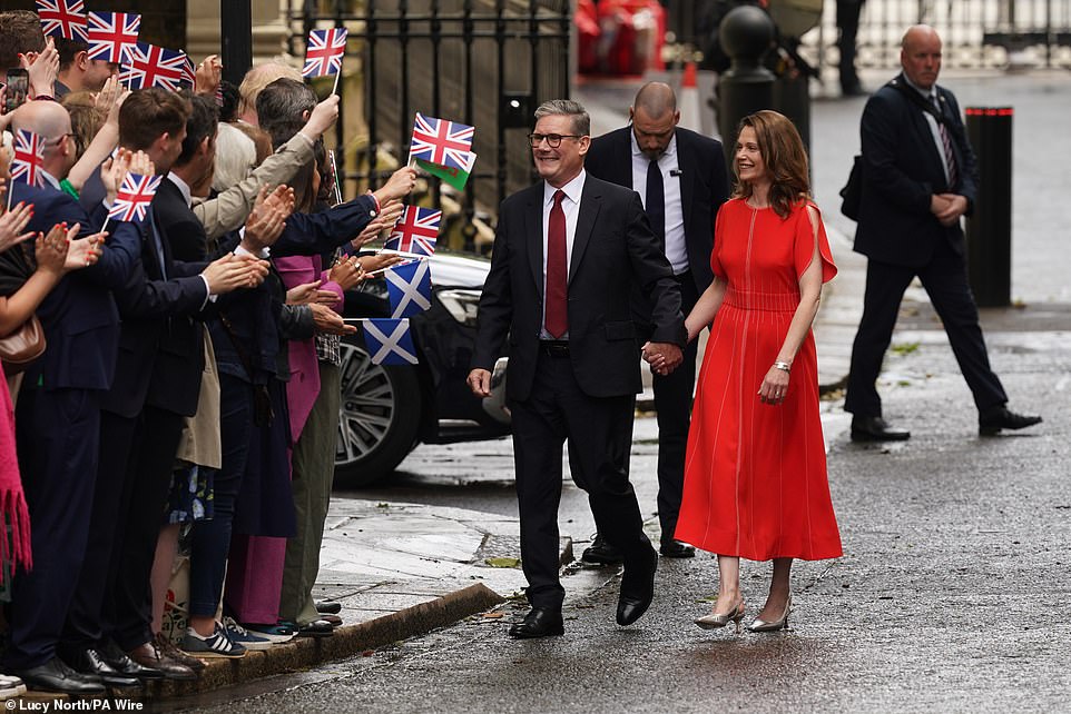 The Labour leader, with wife Victoria, received a rapturous welcome after returning from the Palace where he had an audience with the King around noon, shortly after Rishi Sunak exited having tendered his resignation