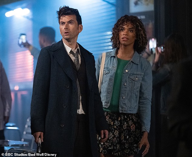 It comes after David Tennant's character Doctor Who (left) was scolded by Yasmin's character Rose (right) for calling an alien 'him' during the first 60th Anniversary special last year