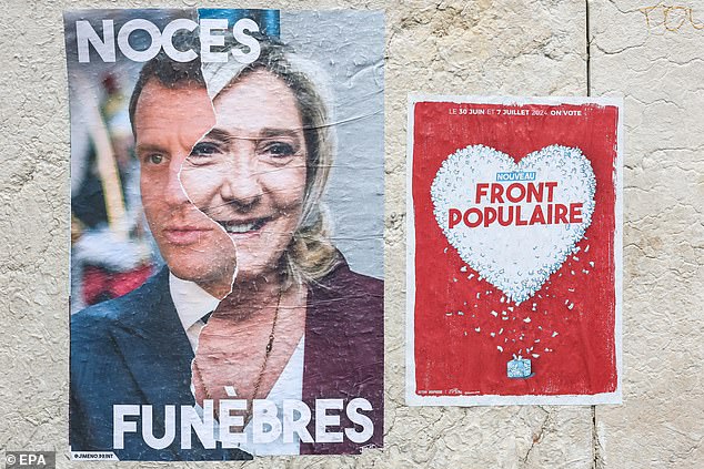 A poster with a photograph of French President Emmanuel Macron (L) and French member of Parliament for far-right Rassemblement National (RN) party Marine Le Pen (2-L), reads 'funeral wedding'