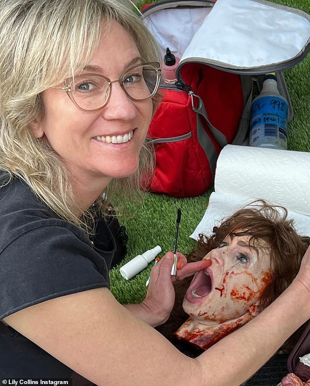Along with the shots of Lily looking bloodied and dismembered, she wrote: 'Spoiler alert! Finally get to share this unhinged BTS from @maxxxinemovie'