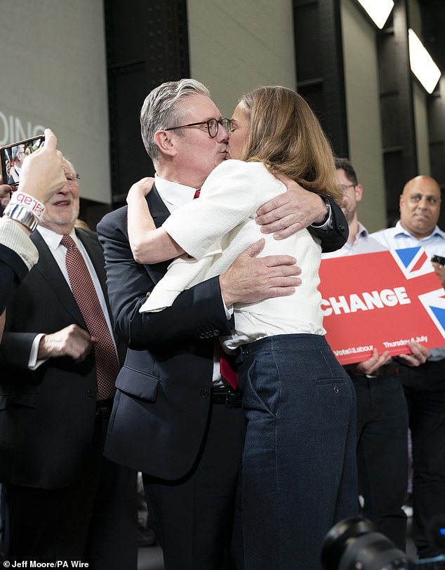 Labour leader Sir Keir Starmer kisses his wife Victoria as it was confirmed he will be the next PM at around 5am this morning