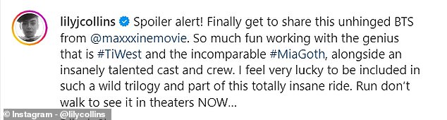 In the post's caption, Lily praised MaXXXine's cast and crew and shared how thankful she was to be a part of the X film series while encouraging fans to see the film now