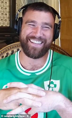 Kelce laughs during his most recent appearance on the New Heights podcast